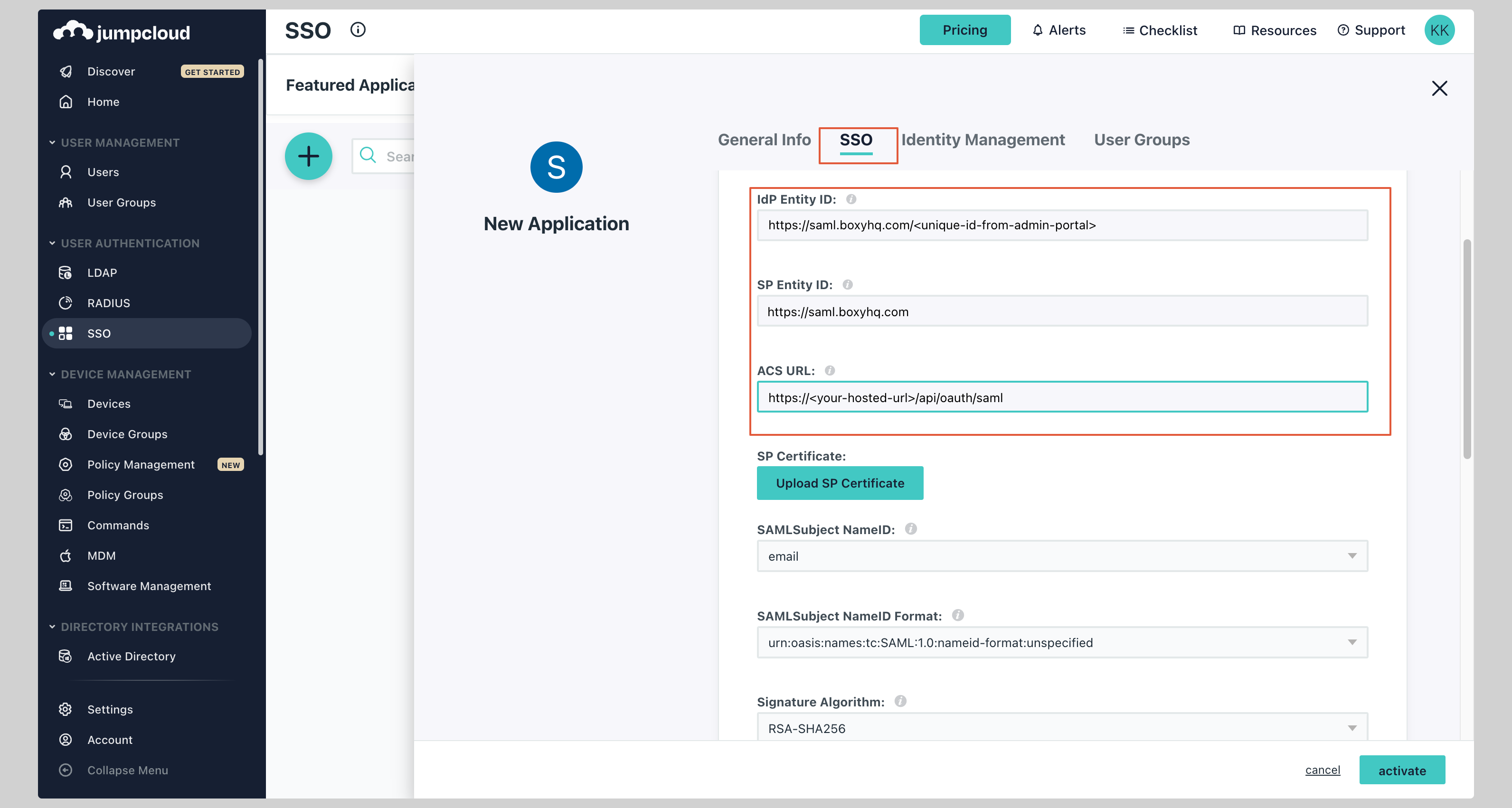 JumpCloud SAML Step 3